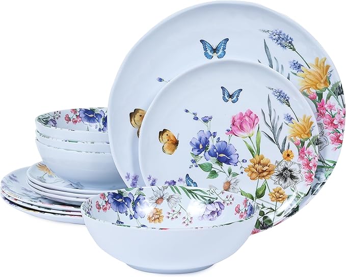 12 Piece Melamine Dinnerware Sets - Plates And Bowls Sets Floral Dinnerware Sets- Spring Camping Dishs Indoor Outdoor UseFlowers And Butterflies Pattern