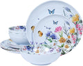 12 Piece Melamine Dinnerware Sets - Plates And Bowls Sets Floral Dinnerware Sets- Spring Camping Dishs Indoor Outdoor UseFlowers And Butterflies Pattern