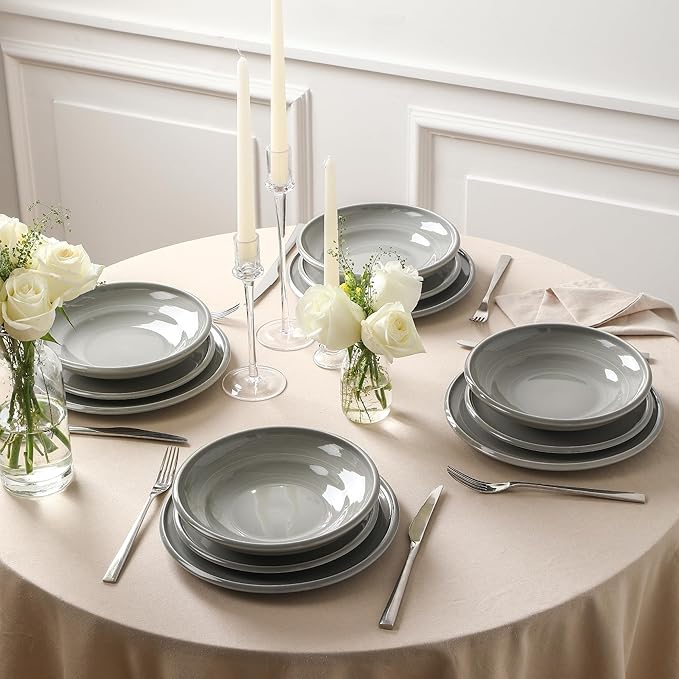 Earth &amp Clay Harmony 24-Piece Dinnerware Set Stoneware Plates and Bowls Set Includes Dinner and Salad Plates Cereal Bowls Dishwasher and Microwave Safe Dishes for 8 Grey