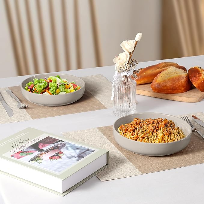LIANYU 24Pieces Dinnerware Sets with Double Bowls Plates and Pasta Bowls Set for 6 Ceramic Dinner Dishware for Kitchen Dining Microwave &amp Dishwasher Safe Milky Brown