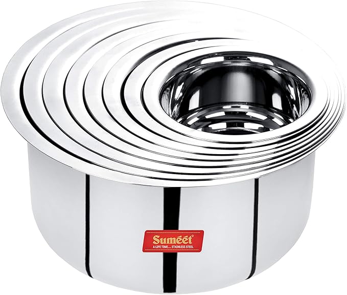 Sumeet Stainless Steel Mini to Big Size Flat Bottom Induction &amp Gas Stove Friendly Tope/Patila/Cookware Set of 8Pcs (370ML 550ML 800ML 1100ML1400ML 1800ML 2300ML 3000ML)