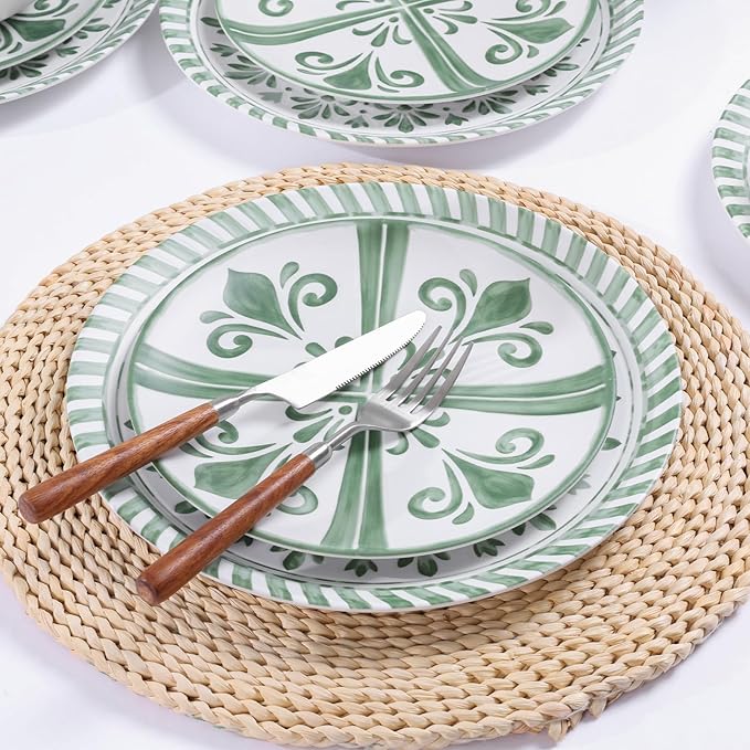 Melamine Dinnerware Sets Dinnerware Sets for 4 12Pcs Plates and Bowls Sets Green Floral Embossed Design Dish Set for Indoor and Outdoor Use