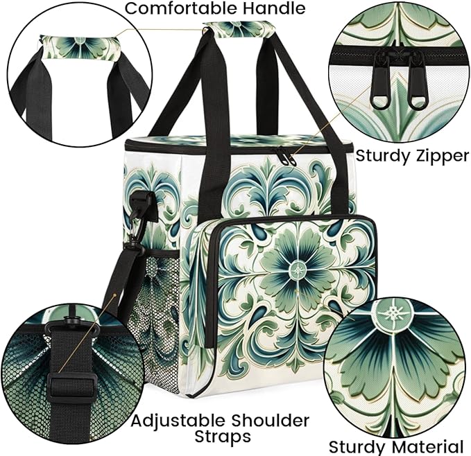 Green Floral Design Coffee Maker Travel Bag for Keurig K-Mini/K-Mini Plus Insulated Waterproof Tote with Pockets for K-Cup Portable Single-Serve Brewer Case