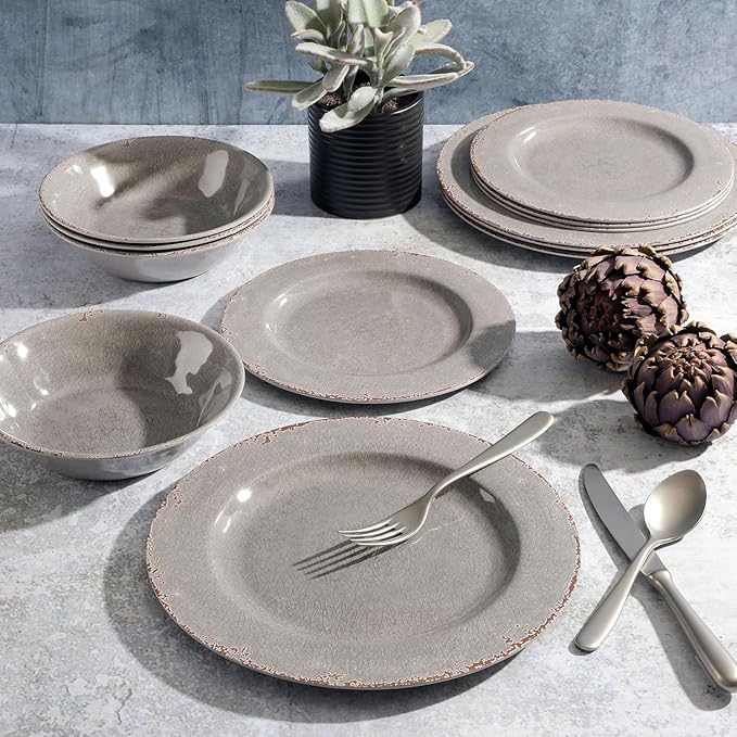 12-Piece Melamine Dinnerware Set – Crackle Design Indoor &amp Outdoor Use Lightweight &amp Durable (Gray Rustic)