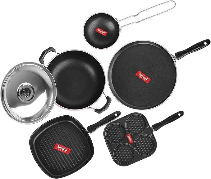 Sumeet Aluminium Dosa Tawa Multi Snack Maker Grill Pan And Kadhai With Lid Tadka Pan Cookware Set 1.1 L 1 Dosa Tawa1 Mini Multi Snack Maker1 Kadhai With Lid1 Grill Pan1 Tadka Pan (Red)