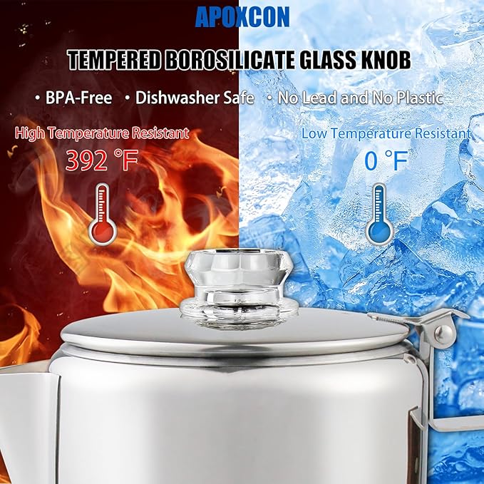 Coffee Percolator Camping Coffee Pot Stainless Steel with Glass Knob Using on any Stovetop - NO Aluminum NO Plastic (9 Cup)