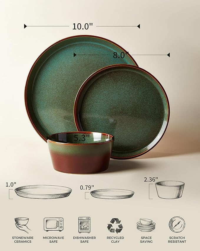 14 Pieces Dinnerware Sets with Serving Platters Brown Green