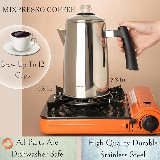 Mixpresso Stainless Steel Coffee Percolator Stovetop 52 oz Classic Percolator Coffee Pot Great For Camping Pot 12 Cup Stove Top Espresso Maker Cool-Touch Handle
