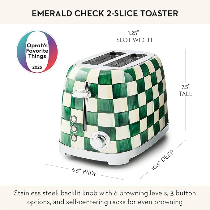 MACKENZIE-CHILDS 2-Slice Toaster Decorative Toaster for Kitchen One of Oprah’s Favorite Things Green-and-White Emerald Check
