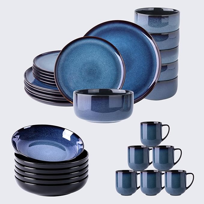 Ceramic Dinnerware Sets of 6Poreclain Plates and Bowls SetsHandmade Reactive Glaze Dishes SetChip Resistant and Scratch Resistant | Oven&ampDishwasher &amp Microwave Safe-BLUE (30PCS)