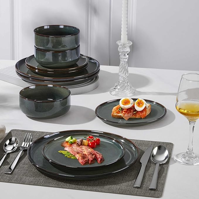Herogo 12 Pieces Square Stoneware Dinnerware Set Service for 4 Dinner Plates and Bowls Sets Double Reactive Glaze Dishes Set for Kitchen Scratch Resistant Dishwasher Safe Moss Green