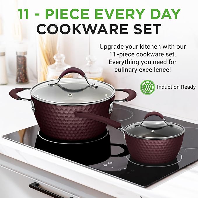 NutriChef Nonstick Cookware Excilon Home Kitchen Ware Pots &amp Pan Set with Saucepan Frying Pans Cooking Pots Lids Utensil PTFE/PFOA/PFOS free 11 Pcs Purple Diamond One size