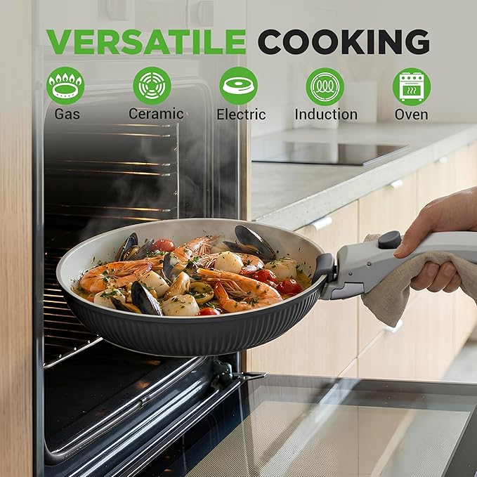 NutriChef 18-Piece Ceramic Cookware Set with Detachable Handles Non Stick Pots and Pans PTFE-Free Natural Ceramic Coating Space-Saving Design Oven &amp Stove Safe Includes Utensils Blue