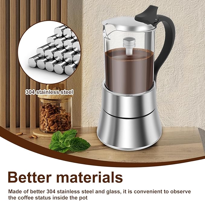 Stovetop Espresso Maker Stovetop Coffee Makers 120ml/4oz Induction Moka Pot Clear Glass Top Stainless Steel Portable Stovetop Espresso and Coffee Maker for Coffee Home