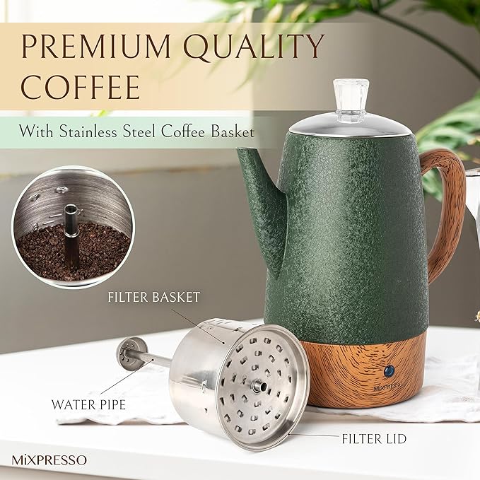 Mixpresso 10 Cup Percolator Coffee Pot Electric Stainless Steel Coffee Percolator Electric With Keep Warm Function Classic Perculator Pot With Removable Basket for Home or Office - Shiny Green