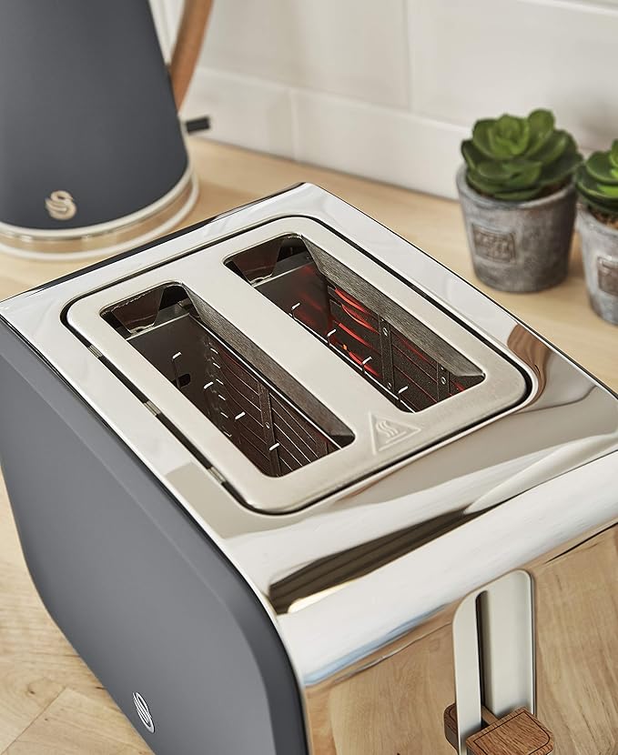 Swan Nordic Toaster 2 Slice with Extra Wide Slots for Bagels Waffles Breads Cancel Defrost and Bagel Function 6 Brown Settings Slate Grey (ST14610GRYN)
