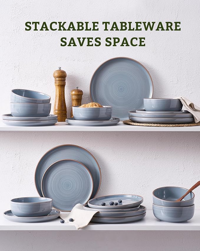 Famiware Meteor Plates and Bowls Sets for 4 12 Pieces Dinnerware Sets Microwave and Dishwasher Safe Dishes Set Blue Gray