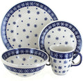 Blue Rose Polish Pottery - Blue Snow Flurry 16 Piece Dinnerware Set - 4 Place Settings - Ceramic Dinnerware Set Unique Christmas Gift &amp Festive Tableware