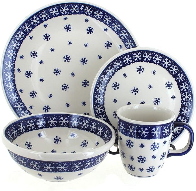 Blue Rose Polish Pottery - Blue Snow Flurry 16 Piece Dinnerware Set - 4 Place Settings - Ceramic Dinnerware Set Unique Christmas Gift &amp Festive Tableware