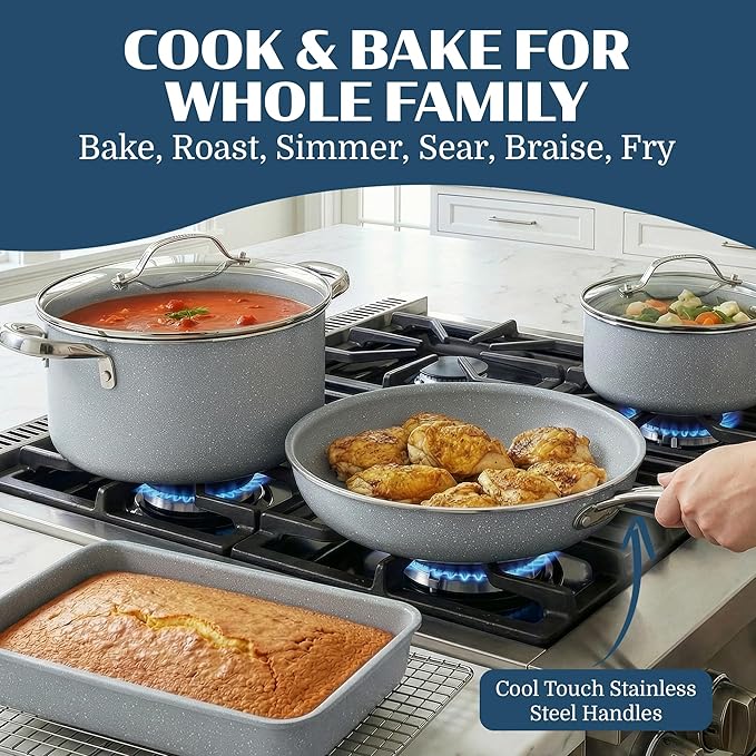 Granitestone Ceraluxe 20 Pc Ceramic Cookware Set Nonstick Complete Pots and Pans Set Non Stick with 5 Pc Bakeware Set Deep Frying Pan Set &amp Steamer Non Toxic PFOA Free Oven &amp Dishwasher S