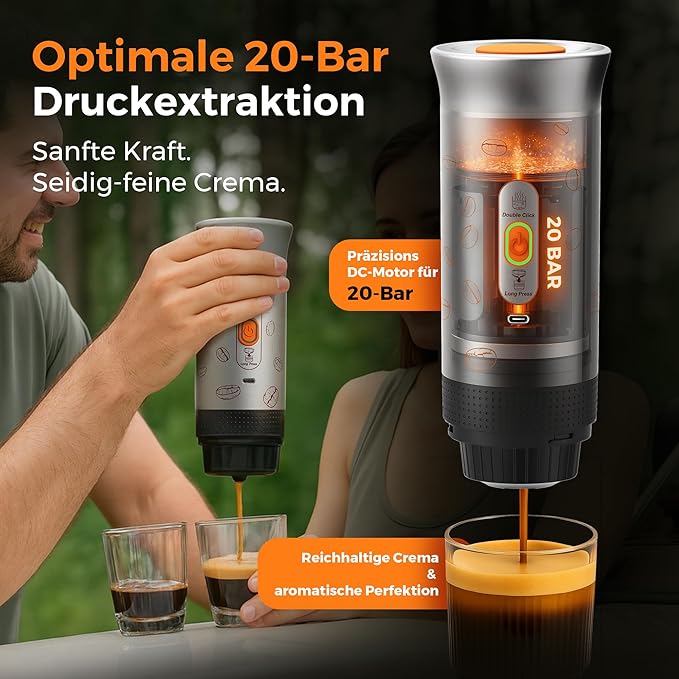 Portable Espresso Machine 3-in-1 Travel Coffee Maker with Self-Heating Battery Operated 20Bar Wireless Portable Espresso Maker Compatible with Ground Coffee &amp Capsule for Camping Car Office