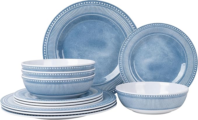 AELS Melamine Dinnerware Set of 12 Pcs Dinner Dishes Set for Indoor and Outdoor Use Melamine Plates and Bowls Set for 4 Dishwasher Safe Lightweight Unbreakable BPA Free Soft Blue