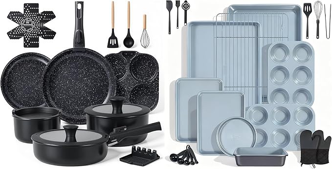 Ammeloo 21pcs Ceramic Pots and Pans Set Non Stick with Detachable Handles and Egg Frying Pan &amp 22pcs Baking Pans Set Stackable Bakeware