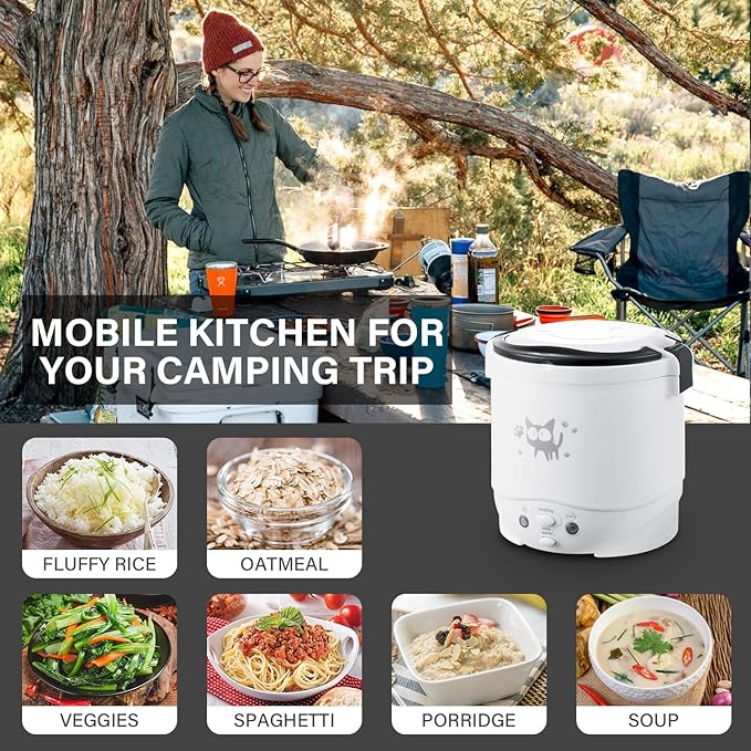 OSBA Mini Rice Cooker 1L Small Rice Cooker 2 Cup-uncooked Travel Rice Maker 12V for Car with Steamer Auto Keep Warm Suitable For 1-2 People White