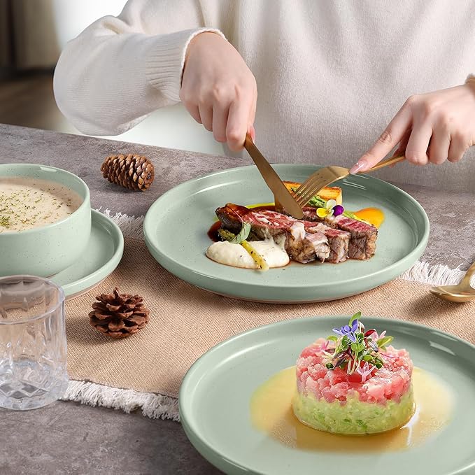 Vesteel 12-Piece Dinnerware set Ceramic Plates and Bowls set for 4 Speckled Stoneware Dishes Set for Family Microwave &amp Dishwasher Safe - Light Green