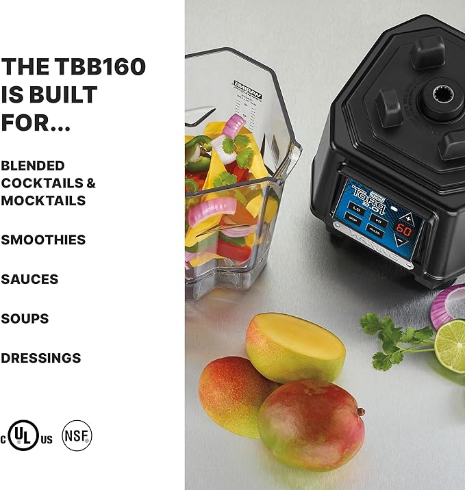 Waring Commercial TBB160 TORQ 2 Horsepower Blender Electronic Keypad with 60-Second Countdown Timer and a 48 oz. BPA Free Copolyester Container 120V 5-15 Phase PlugBlack