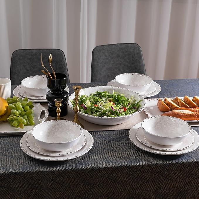 Farmhouse Melamine Dinnerware Sets12 Pieces Dishes Dinnerware SetService for 4 Lightweight Kitchen Plates and Bowls Sets Great for Casual dining and Outdoor Parties Camping or RVs White