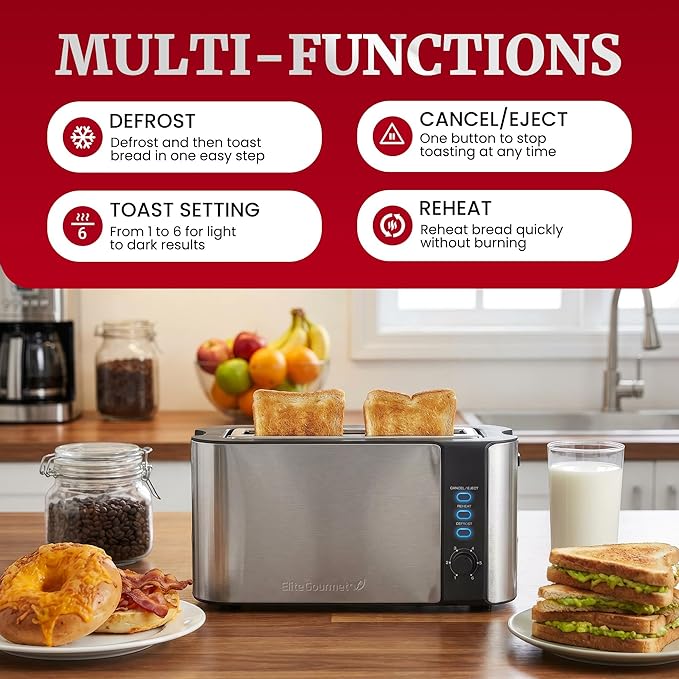 Elite Gourmet ECT3200 2-Slice 1 Long Slot Slim Toaster Reheat 6 Toast Settings Defrost Cancel Functions Built-in Warming Rack Extra Wide Slots for Bagels Waffles Stainless Steel &amp Black