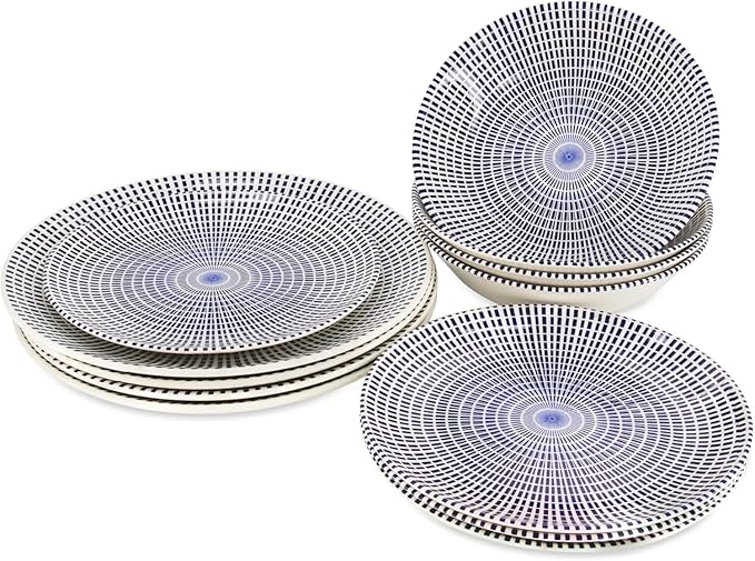 TUDOR ROYAL Porcelain 16-Piece Round Dinnerware Set Service for 4 Singapore Blue Design Blue Radial Plates Bowls Mugs Dishes Premium Quality Ceramic Tableware Unique Pattern Glossy