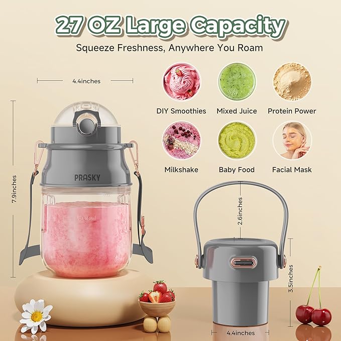 Portable Blender 27oz Personal Blender for Smoothies &amp Protein Shakes with 70W Motor &amp Smart Lock USB-C Rechargeable BPA-Free for Travel/Office/Home/Gym Drink Mixer with Strap Prasky (Ligh