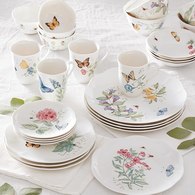 Lenox Dinnerware Set Butterfly Meadow 28-Piece Set Service For 4 Porcelain Plates With Scalloped Edges Plates And Bowls Sets Microwave Safe Dishwasher Safe Home &amp Kitchen (28 Piece Assorte