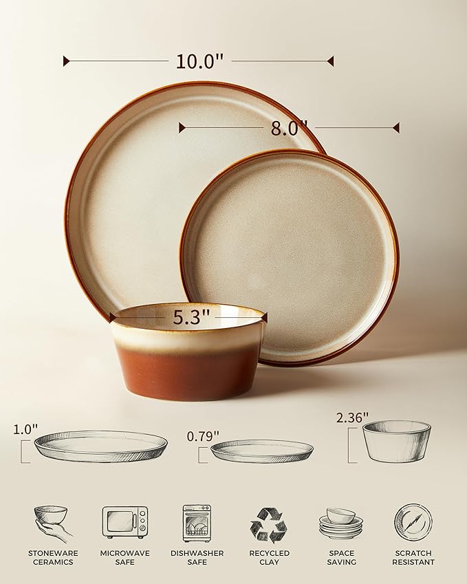 Dinnerware Set for 6 Ceramic Dish Sets Plate and Bowl Set Microwave &amp Dishwasher Safe Dishware Set Chip &amp Scratch Resistant Dinner Set Each Piece Unique Amber Brown