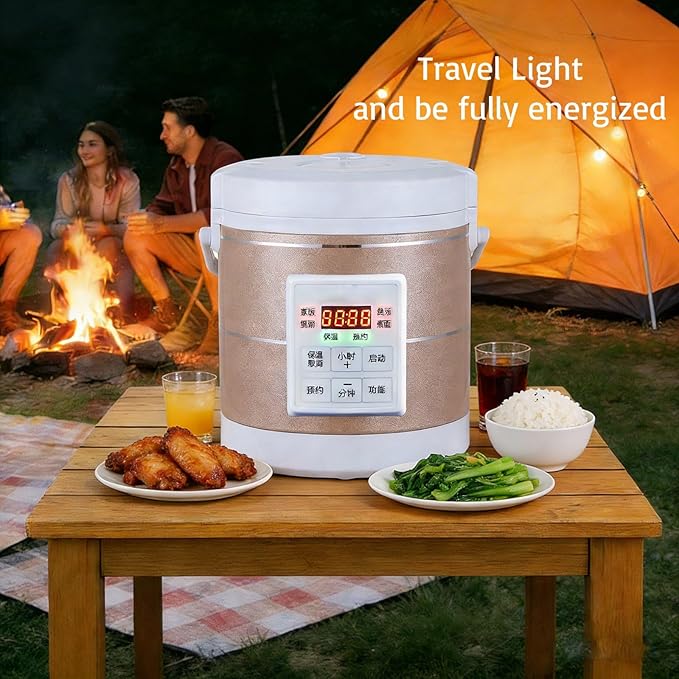 1.6L Rice Cooker 12V 24V 110V Mini Car home Multifunctional Small Rice Stove Cooking Heating and Keeping Warm Function Fast Cooker Gold (1601-1)
