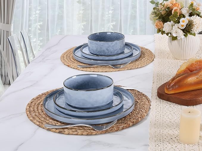 LIANYU Dinnerware Sets for 4 12 Piece Stoneware Dinner Plates and Bowls Dish Set Kitchen Dining Speckled Tableware Dishware Microwave &amp Dishwasher Safe Polar White &amp Serenity Blue