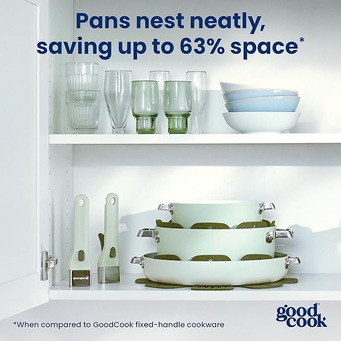 GoodCook Ceramic Cookware Set 5-Piece with Removable Handle Induction Compatible Nonstick and Oven Safe with 9.5-Inch Frypan Sage Green
