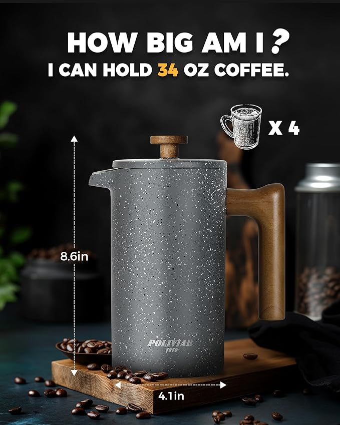 POLIVIAR French Press Coffee Maker 34 Ounce Coffee Press with Real Wood Handle Double Wall Insulation &amp Dual-Filter Screen Food Grade Stainless Steel for Good Coffee and Tea (Lava)