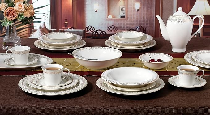 Lorren Home Trends Bone China Dinnerware Set White with Gold Design Border Formal Dining Collection Service for 8 57 Piece