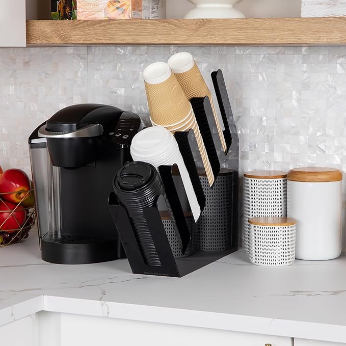 Mind Reader Cup and Lid Dispenser Countertop Org Coffee Bar Beverage Cup Kitchen Breakroom Black