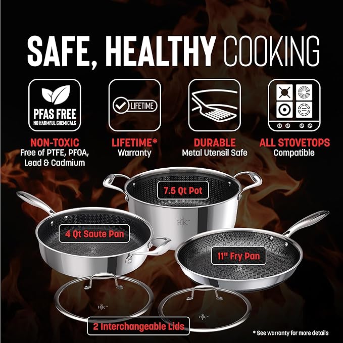 Hell's Kitchen Hybrid 5 Pc Cookware Set Tri-Clad Stainless Steel and Nonstick Ceramic PFAS Free no PFOA no PTFE no Teflon Non Toxic Cookware Metal Utensil Safe All Cooktops and Oven Safe