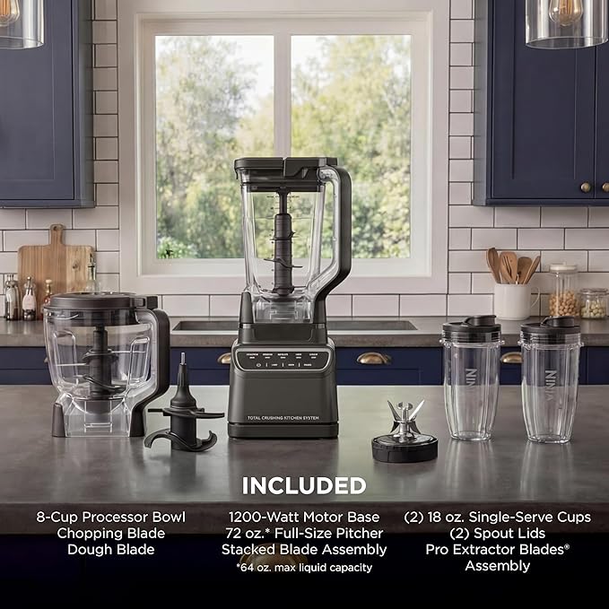 Ninja Kitchen System | All-in-One for Smoothies Frozen Drinks Veggie Chopper &amp More | With Full-Size Pitcher 8 Cup Food Processor Bowl (2) 18 oz. Cups | 1200 Watt | Dark Grey | BR601AMZ