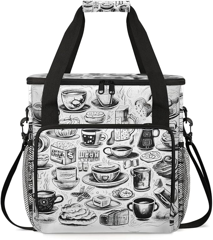 Coffee Print Coffee Maker Travel Bag for Keurig K-Mini/K-Mini Plus Insulated Waterproof Tote with Pockets for K-Cup Portable Single-Serve Brewer Case