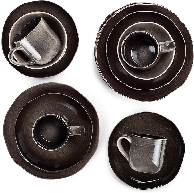 Elanze Designs Reactive Glaze Farmhouse Rustic Boho Ceramic Stoneware Dinnerware 16 Piece Plate Bowl Mug Dish Set - Service for 4 Mocha Grey Ombre