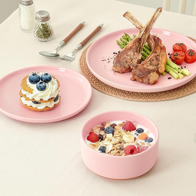 24 Piece Dinnerware Set Dual Glaze Stoneware Plates and Bowls Sets Modern Dinner Plate Salad Plate Cereal Bowl Dish Set for 8 Microwave and Dishwasher Safe Pink