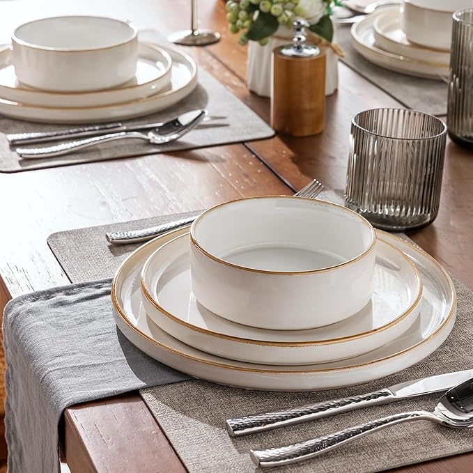 GBHOME Ceramic Dinnerware Sets for 4 12 Pieces Stoneware Plates and Bowls Sets Reactive Glaze Dishes -Scratch Resistant Dishwasher&ampMicrowave Safe-Pearl White