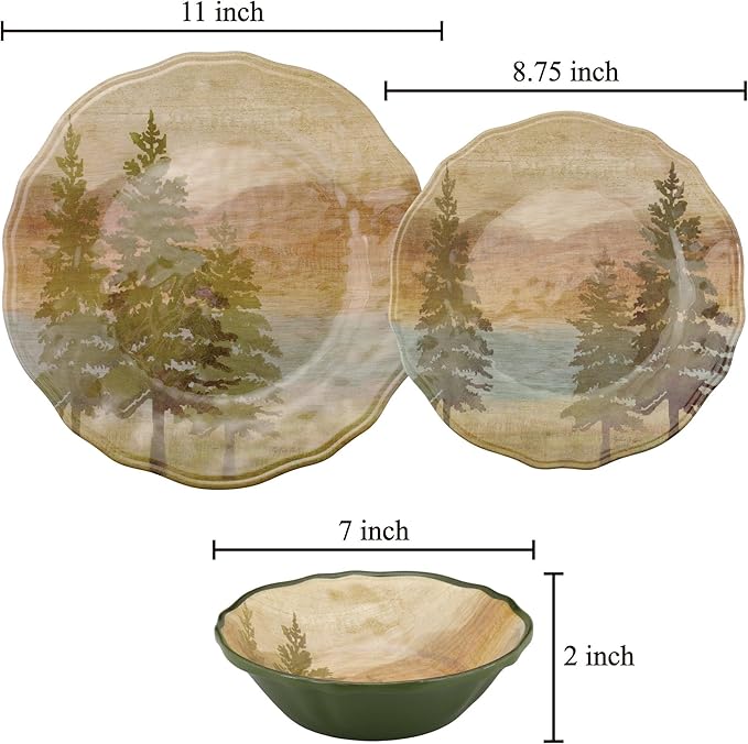 UPware 12 Piece Lakeside Pine Melamine Dinnerware Sets Outdoor Dishes Set Plates and Bowls Sets Service for 4 Beige