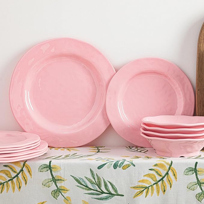 LEHAHA Pink Dishes Melamine Dinnerware Sets 12 Piece Kitchen Plates and Bowls Dinnerware Sets Lightweight BPA free Melamine Dishes for Girls Valentine's Day Mother's Day.